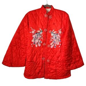 VINTAGE Embroidered Peacock kimono satin‎ silk jacket quilted single stitch red